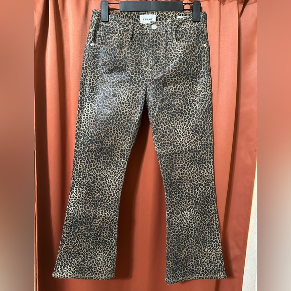 Frame Le Crop Mini Boot Midrise Jeans W28 Leopard Print Coated Denim - Picture 1 of 12